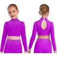 thumbnail image 1 of iixpin Big Girls Hip Hop Streetwear Sparkling Jazz Dance Crop Tops Mock Neck Cheerleading Dancing Clothes Purple 14, 1 of 6