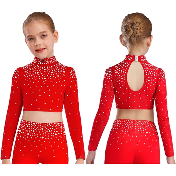 iixpin Big Girls Hip Hop Streetwear Sparkling Jazz Dance Crop Tops Mock Neck Cheerleading Dancing Clothes Red 6