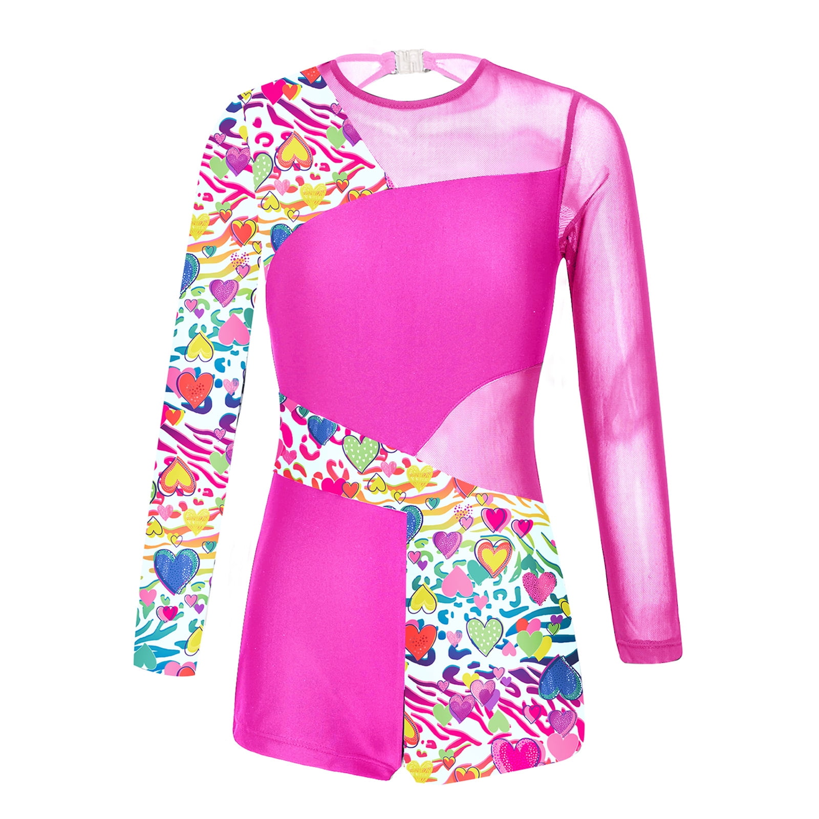 iixpin Big Girls Printed Gymnastics Biketard Long Sleeve Mesh Splice