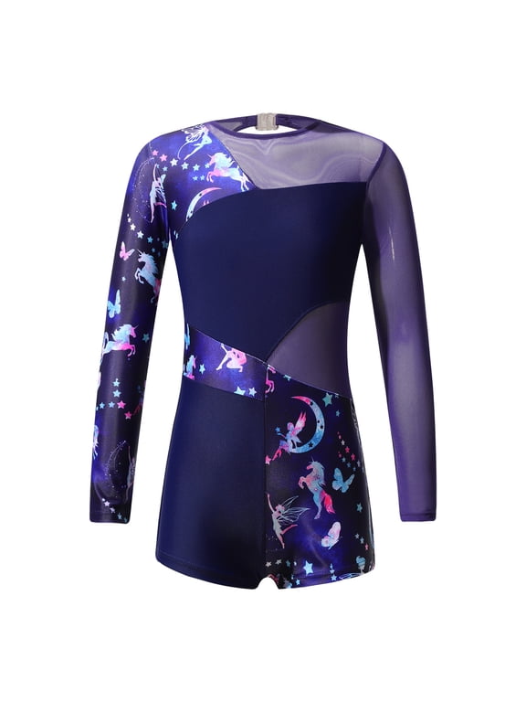 Big Girls Printed Gymnastics Biketard Long Sleeve Mesh Splice Boyleg Leotard Ballet Tumbling Jumpsuits Navy Blue 14