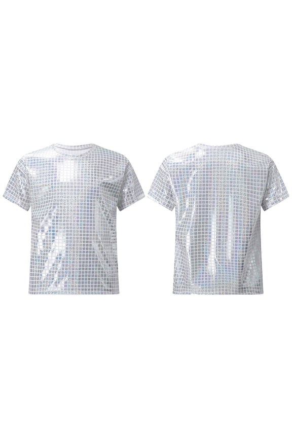 Boys Girls Jazz Dance Tank Tops Hip Hop Clothes Dance Performance Costume Sequins T-Shirt Glitter Blouse Silver 7-8