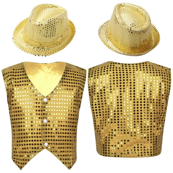 iixpin Boys Girls Sequins Dance Vest Top Button Down Waistcoat and Hat Tie Outfits Fancy Party Dance Performance Costume Gold 14-15