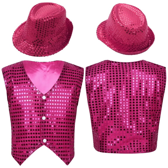 iixpin Boys Girls Sequins Dance Vest Top Button Down Waistcoat and Hat Tie Outfits Fancy Party Dance Performance Costume Rose 13-14