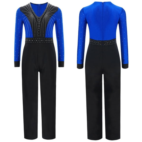 iixpin Boys Long Sleeve Bodysuit Latin Dance Leotard Rhinestones Figure Skating Jumpsuit Dancewear Blue 16