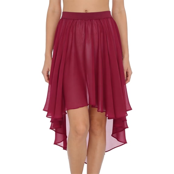 iixpin Chiffon Dance Skirts for Women High Low Gymnastic Ballet Skirt Elastic Waistband Cover-up Skirt Burgundy M