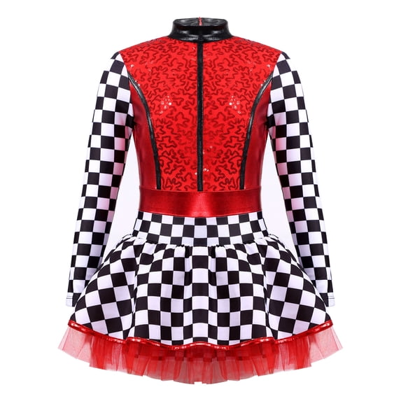 iixpin Child Speed Racer Girls Dress-up Long Sleeve Sequins Tutu Dance Dress Red 4