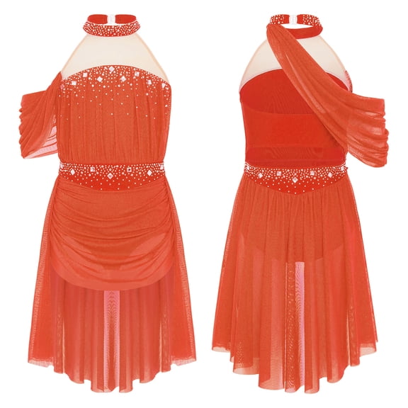 iixpin Figure Ice Skating Dress for Girls Ballroom Skirted Leotard Dancewear Lyrical Ballet Dance Dresses Orange 6