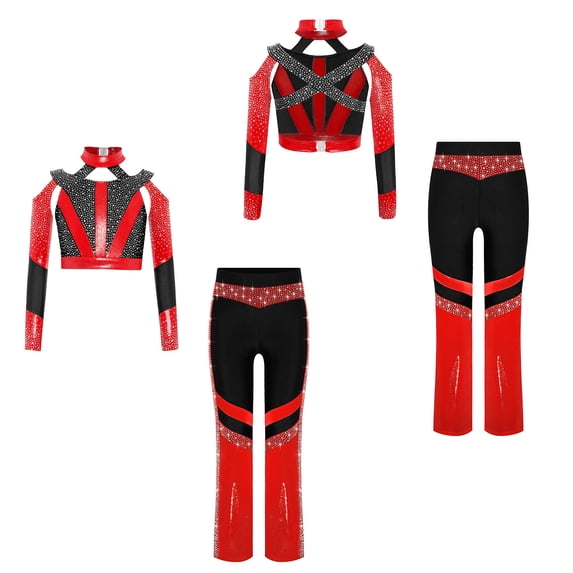 iixpin Girl's Acrobatics Dance Outfits Athletic Crop Top with Flared Pants Stage Performance Clothes Set Black 6