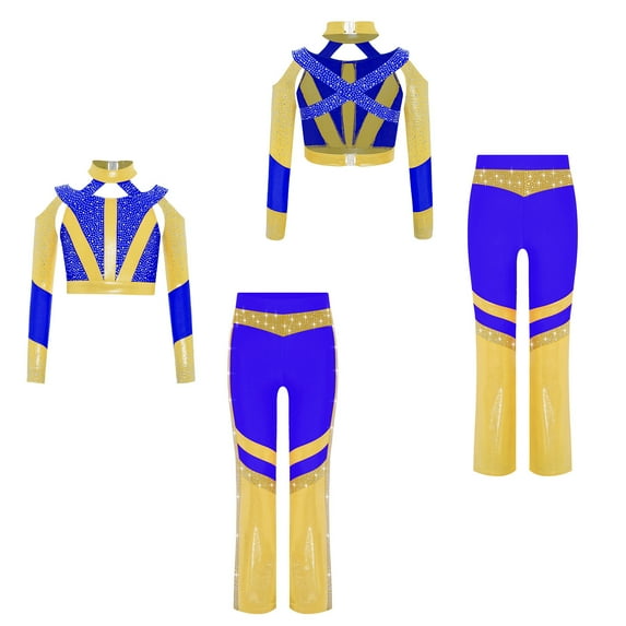 iixpin Girl's Acrobatics Dance Outfits Athletic Crop Top with Flared Pants Stage Performance Clothes Set Blue 12