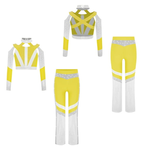 iixpin Girl's Acrobatics Dance Outfits Athletic Crop Top with Flared Pants Stage Performance Clothes Set Fluorescent Yellow 16