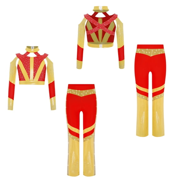 iixpin Girl's Acrobatics Dance Outfits Athletic Crop Top with Flared Pants Stage Performance Clothes Set Red 6