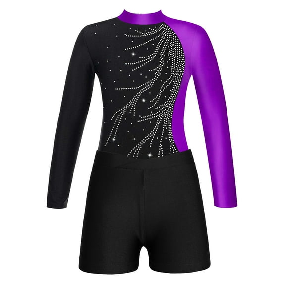 iixpin Girls 2 Piece Dance Outfits Rhinestone Leotard Bodysuit with Shorts Set Ballet Gymnastic Dancewear Purple 8