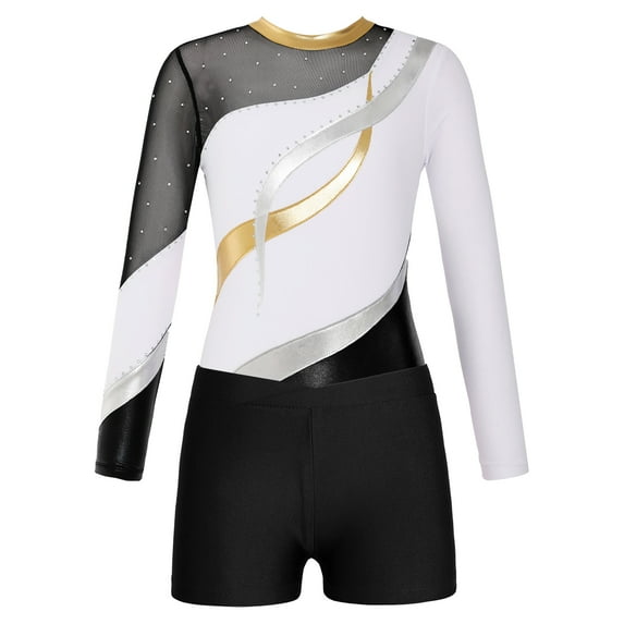 iixpin Girls 2Pcs Dance Outfits Long Sleeve Leotard Unitard Gymnastic Shorts Set Ballet Dancewear Tumbling Biketard White 10