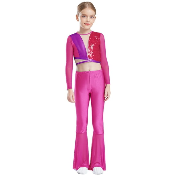 iixpin Girls 2pcs Tracksuit Outfit Long Sleeve Crop Top with Bell Bottom Pants Jazz Hip Hop Dance Clothes Set Hot Pink 16