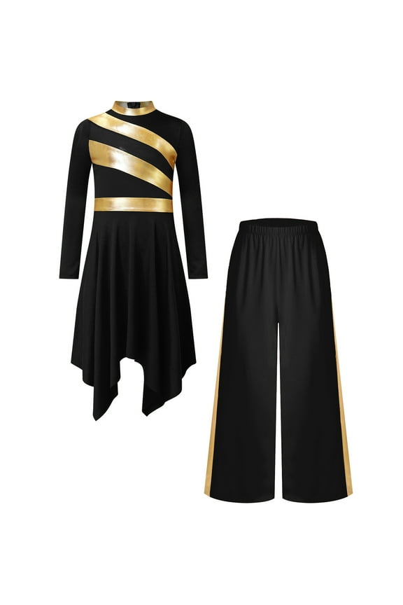Girls Asymmetrical Praise Dance Outfit Lyrical Dress with Palazzo Pants Liturgical Worship Church Robe Black 10