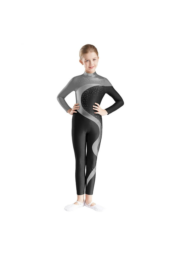 Girls Ballet Leotard Full Body Dance Unitard Tumbling Outfits Athletic Jumpsuit Gymnastic Bodysuit Gray&Black 8