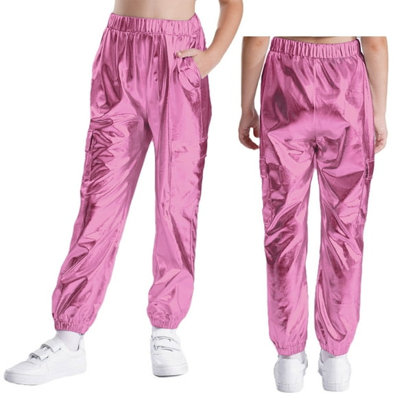 iixpin Girls Boys Shiny Dance Pants Jazz Hip Hop Performance Costume Streetwear Athletic Sweatpants Pink 6