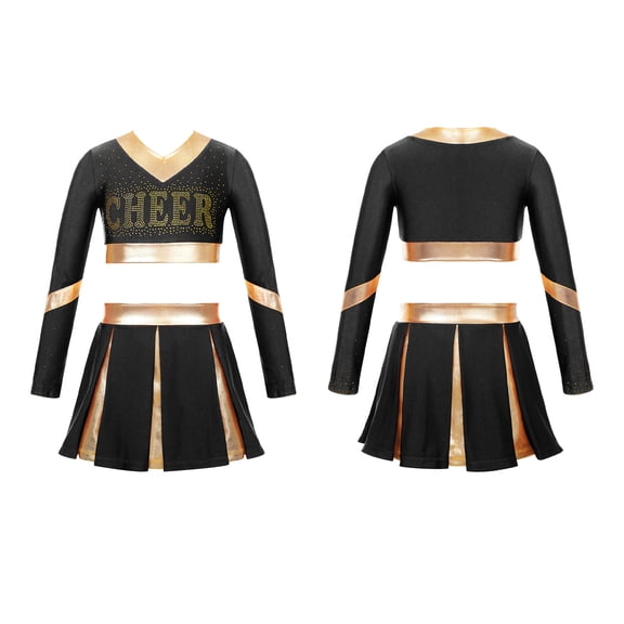 iixpin Girls Cheerleading Costume for Schoolgirls Cheer Leader Uniform Dance Crop Top with Skirts Cosplay Party Outfit Black 6