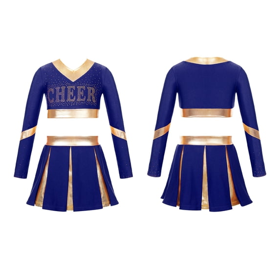 iixpin Girls Cheerleading Costume for Schoolgirls Cheer Leader Uniform Dance Crop Top with Skirts Cosplay Party Outfit Navy Blue 6