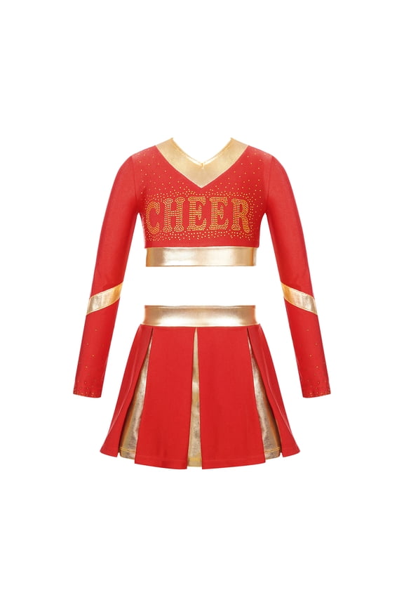 Girls Cheerleading Costume for Schoolgirls Cheer Leader Uniform Dance Crop Top with Skirts Cosplay Party Outfit Red 16