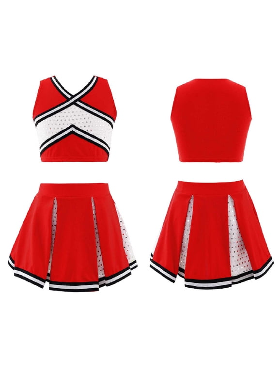 Girls Cheerleading Dance Dress Sports Crop Top with Mini Skirt Set Cheer Leader High School Uniform Dancewear Red 14