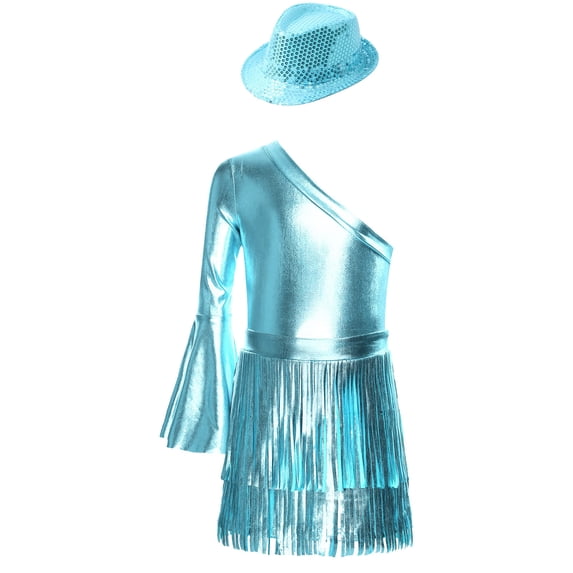 iixpin Girls Disco Bodysuit Set, 3-Piece Dance Outfit with Fringed Skirt & Sequined Hat Blue 16