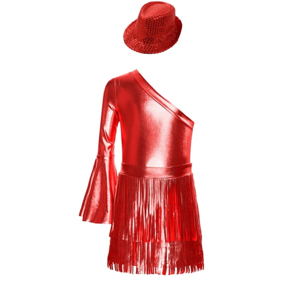iixpin Girls Disco Bodysuit Set, 3-Piece Dance Outfit with Fringed Skirt & Sequined Hat Red 12