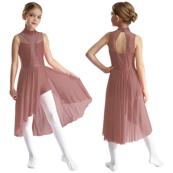 iixpin Girls Figure Ice Skating Costume Modern Latin Jazz Dance Dresses Gymnastic Leotard Ballerina Dancewear Dusty Pink 12