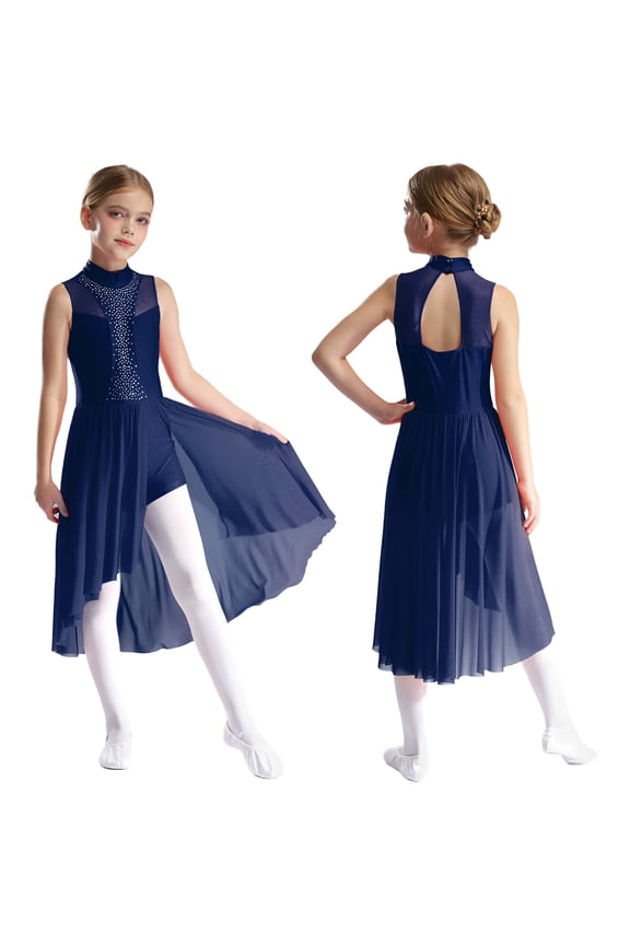 Girls Figure Ice Skating Costume Modern Latin Jazz Dance Dresses Gymnastic Leotard Ballerina Dancewear Navy Blue 16