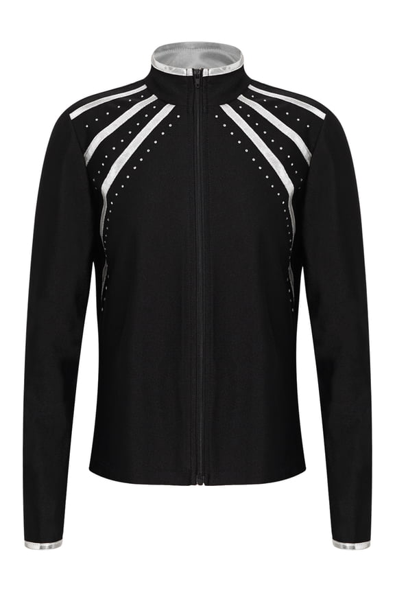 Girls Figure Skating Practice Jacket Metallic Striped Zipper Ice Skating Sweatshirts Yoga Track Jacket Silver 8