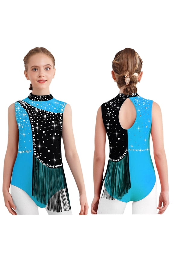 Girls Gymnastics Dance Leotard Athletic Bodysuit Tassel Figure Skating Stage Performance Jumpsuit Light Blue 10