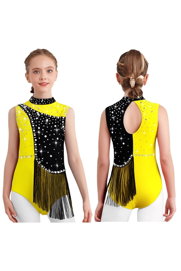 Girls Gymnastics Dance Leotard Athletic Bodysuit Tassel Figure Skating Stage Performance Jumpsuit Yellow 16