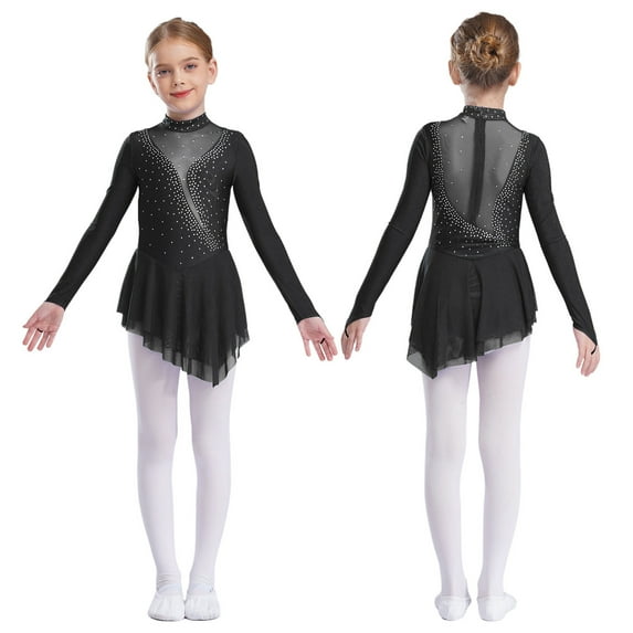 iixpin Girls Gymnastics Leotard Dress Irregular Figure Ice Skating Dresses Outfit Lyrical Ballet Dancewear Black 14
