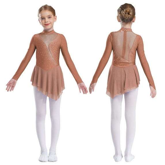 iixpin Girls Gymnastics Leotard Dress Irregular Figure Ice Skating Dresses Outfit Lyrical Ballet Dancewear Dusty Pink 14