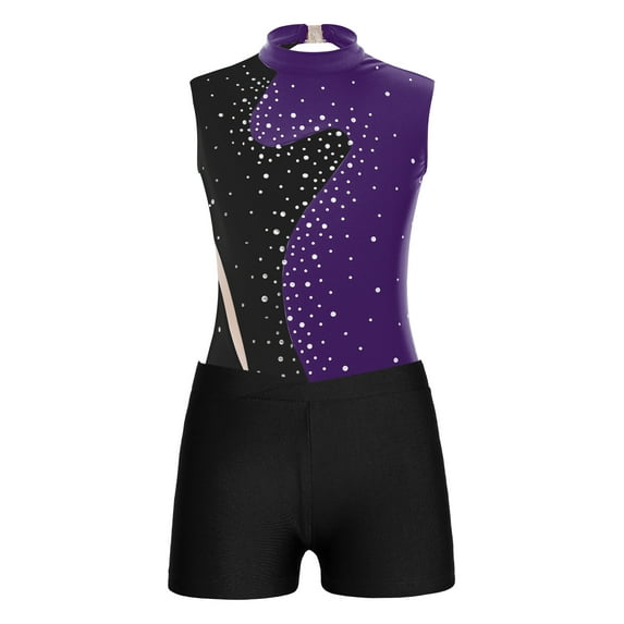 iixpin Girls Gymnastics Leotards Toddler Kids Ballet Dance Bodysuit with Shorts Unitard Biketard Kid Tumbling Outfit Purple&Black 12