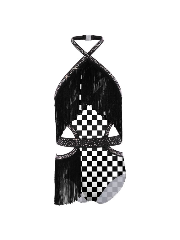 Girls Halter Leotard Dress with Tassels, Leopard Print for Latin Jazz Dance Black White 16