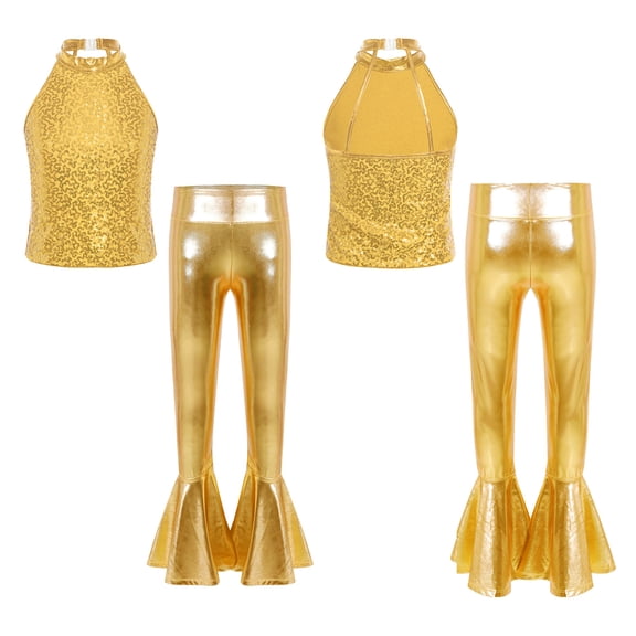 iixpin Girls Hip Hop Jazz Dance Outfits Kids Sequin Stage Performance Crop Tops with Flared Hem Pants Set Gold 6