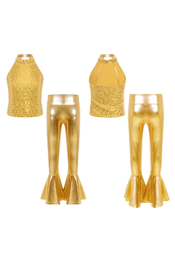 Girls Hip Hop Jazz Dance Outfits Kids Sequin Stage Performance Crop Tops with Flared Hem Pants Set Gold 6