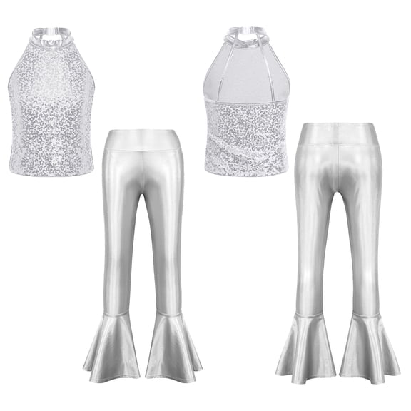 iixpin Girls Hip Hop Jazz Dance Outfits Kids Sequin Stage Performance Crop Tops with Flared Hem Pants Set Silver 10