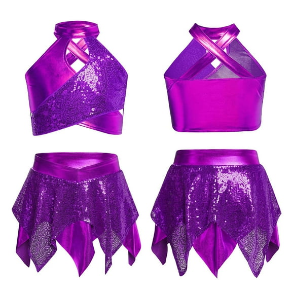iixpin Girls' Jazz Hip Hop Dance Performance Costume Tank Top with Pleated Skirt Sparkly Dancing Clothing Set Purple 10