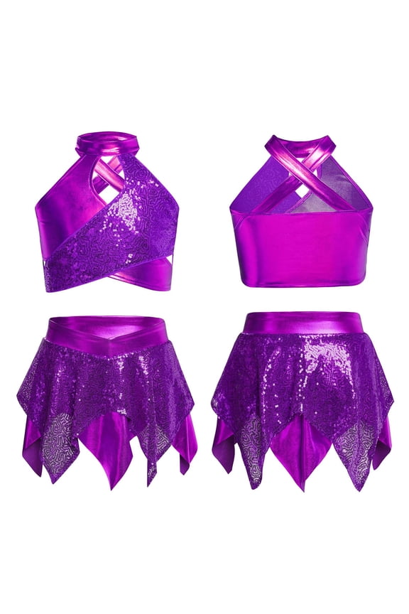 Girls' Jazz Hip Hop Dance Performance Costume Tank Top with Pleated Skirt Sparkly Dancing Clothing Set Purple 6