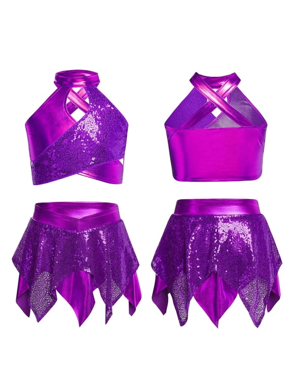 Girls' Jazz Hip Hop Dance Performance Costume Tank Top with Pleated Skirt Sparkly Dancing Clothing Set Purple 6