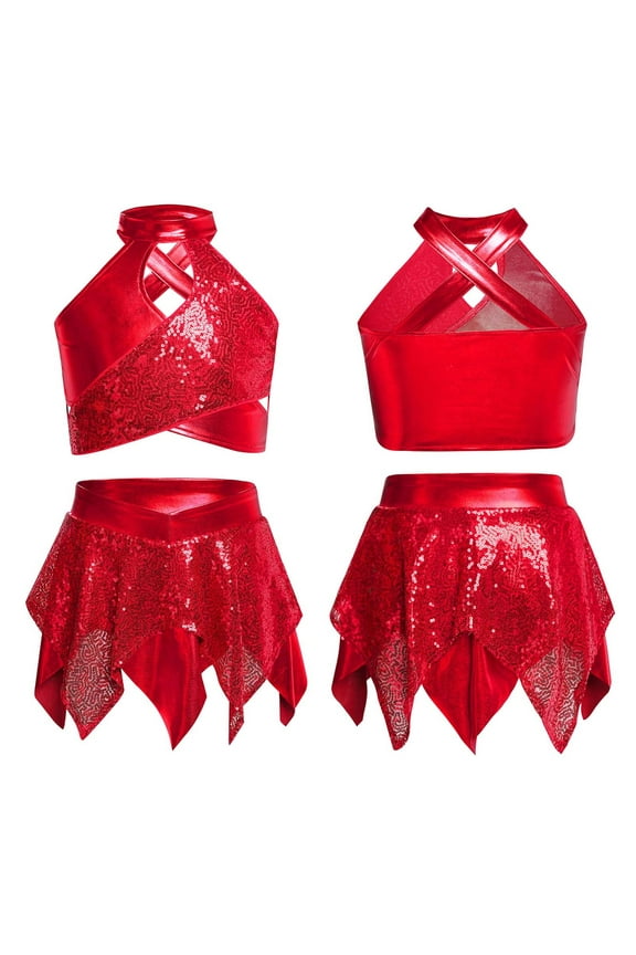 Girls' Jazz Hip Hop Dance Performance Costume Tank Top with Pleated Skirt Sparkly Dancing Clothing Set Red 6