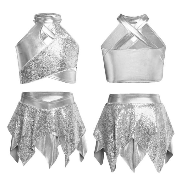 iixpin Girls' Jazz Hip Hop Dance Performance Costume Tank Top with Pleated Skirt Sparkly Dancing Clothing Set Silver 14