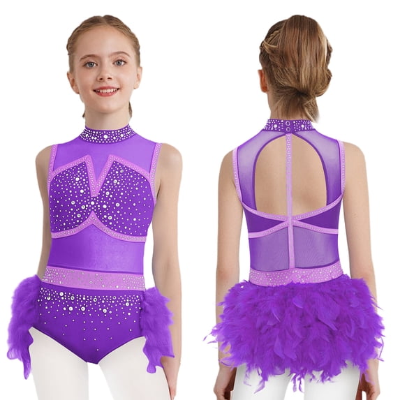 iixpin Girls Jazz Latin Tutu Leotard Rhinestones Cutout Back Feather Skirt for Ballet Dance Galas Pageants Purple 10