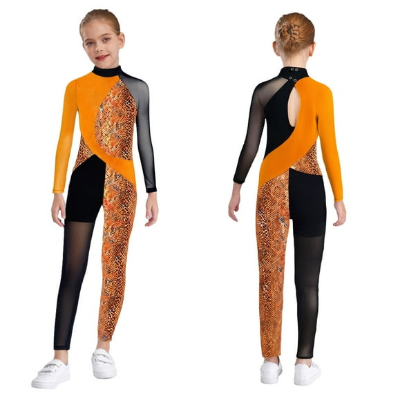 iixpin Girls Kids Gymnastic Dance Unitards Snakeskin Metallic Mesh Patchwork Jumpsuit Color Block Bodysuit Orange 6