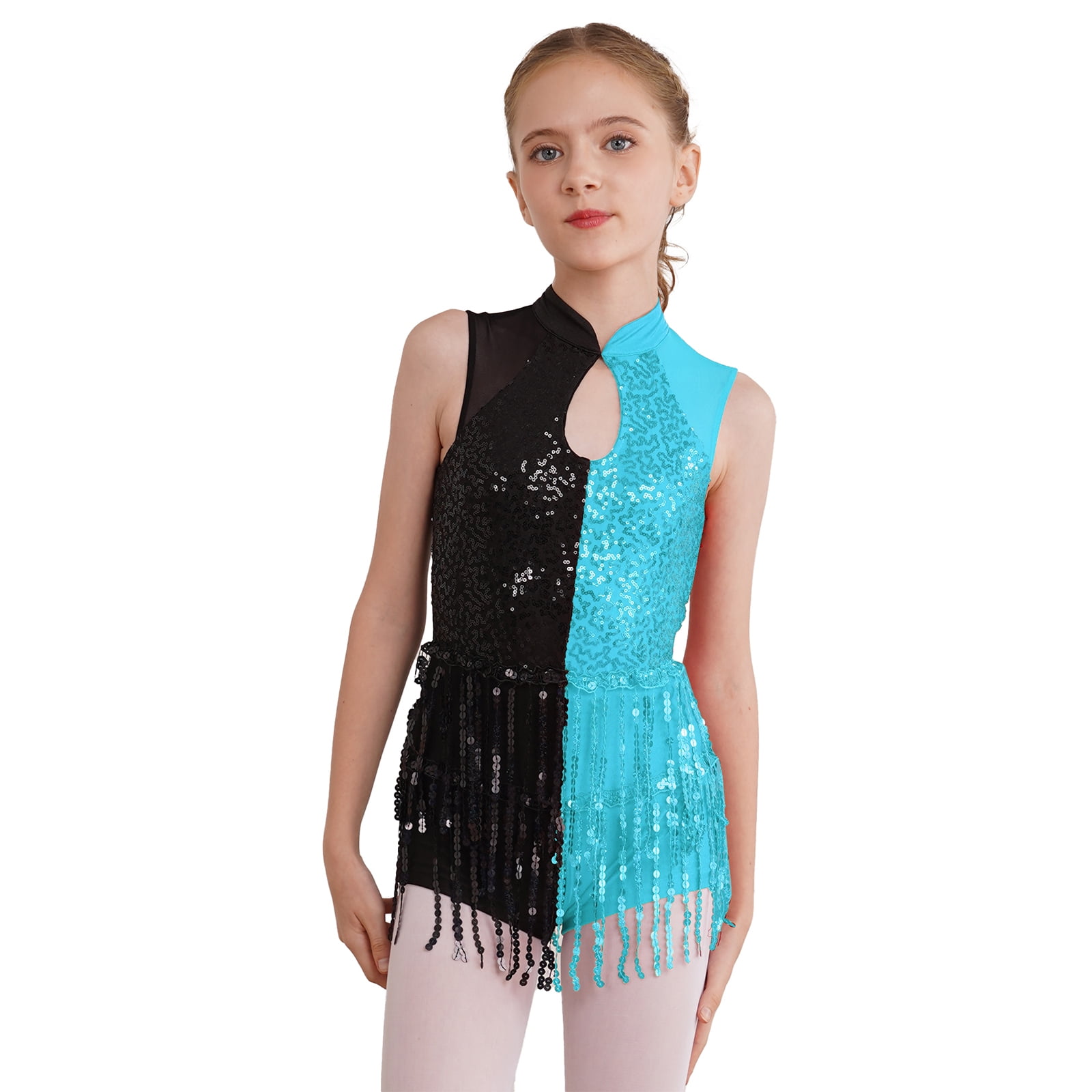 iixpin Girls Kids Sequins Tassel Latin Dance Ballet Dress Samba Jumpsuit Ballroom Costumes Dancewear 6 16 Years Blue Green 10 Walmart