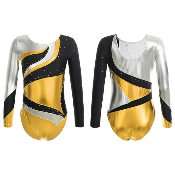 iixpin Girls Kids Shiny Metallic Gymnastics Leotards Dance Ballet Unitard Biketard Team Competition Costume Gold 10
