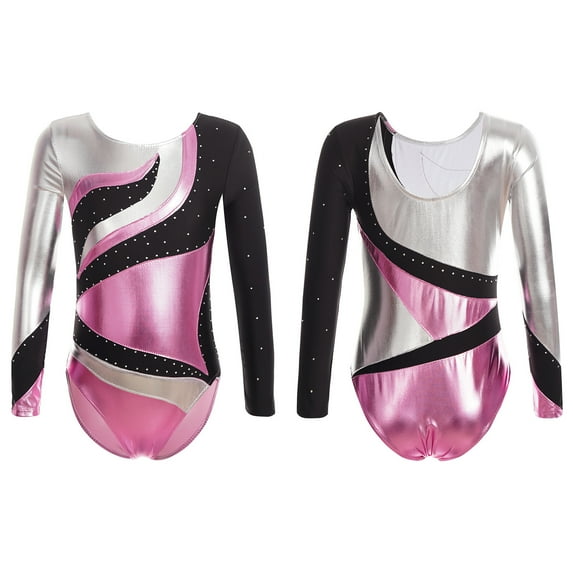 iixpin Girls Kids Shiny Metallic Gymnastics Leotards Dance Ballet Unitard Biketard Team Competition Costume Pink 16
