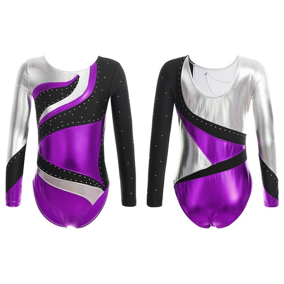 iixpin Girls Kids Shiny Metallic Gymnastics Leotards Dance Ballet Unitard Biketard Team Competition Costume Purple 16
